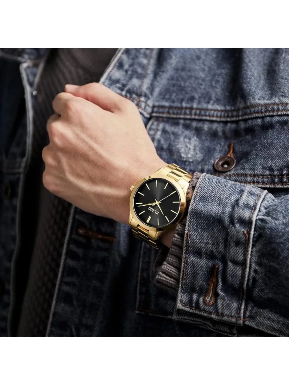 Men's Gold Black Analog Quartz Stainless Steel Waterproof Round Luxury Watch